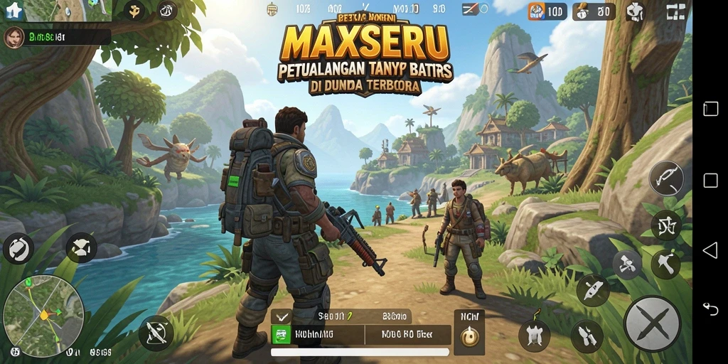 Screenshot gameplay MAXSERU menunjukkan petualangan di dunia terbuka.