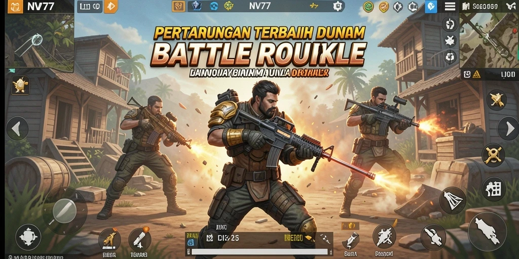 Tangkapan layar utama NV77 menampilkan aksi seru dalam pertempuran Battle Royale.