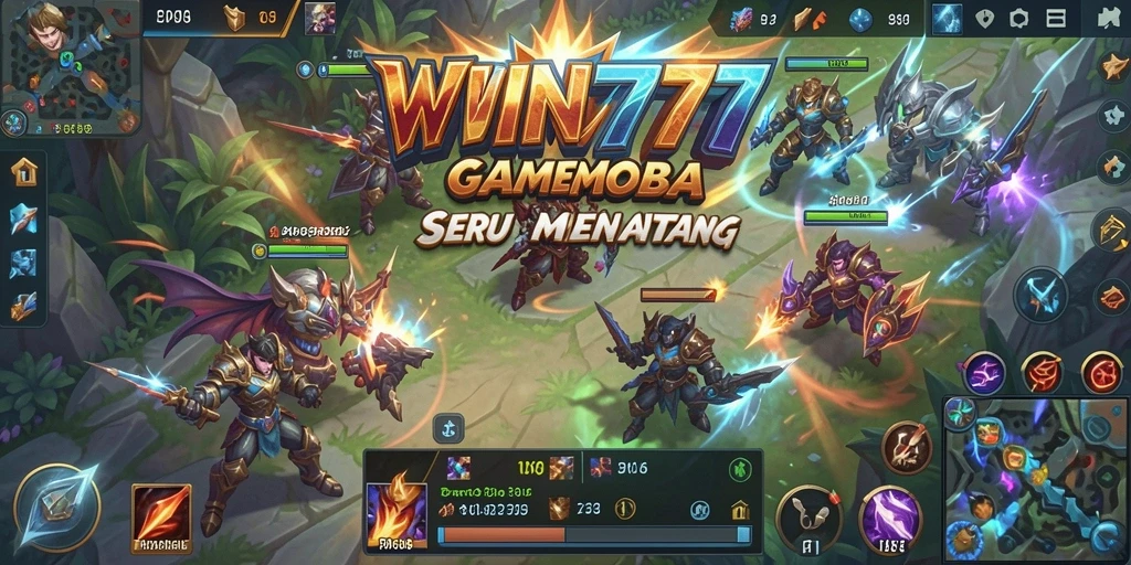 Tampilan gameplay seru dari WIN777 yang menunjukkan aksi MOBA yang mendebarkan.